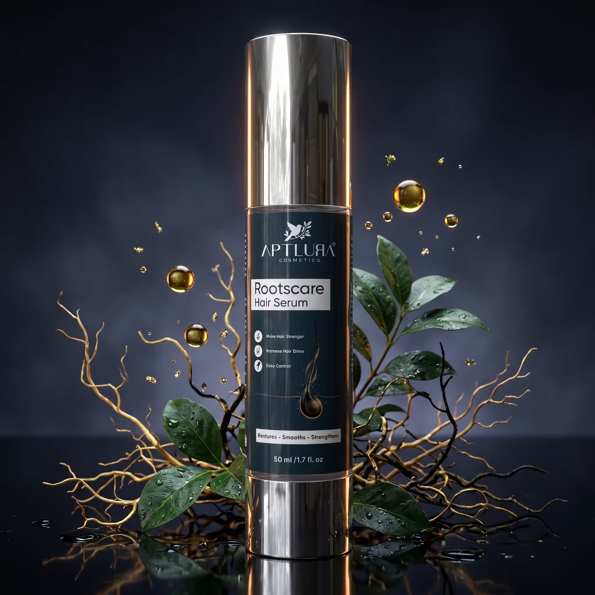 Rootscare hair serum bottle with leaves and droplets on a dark background