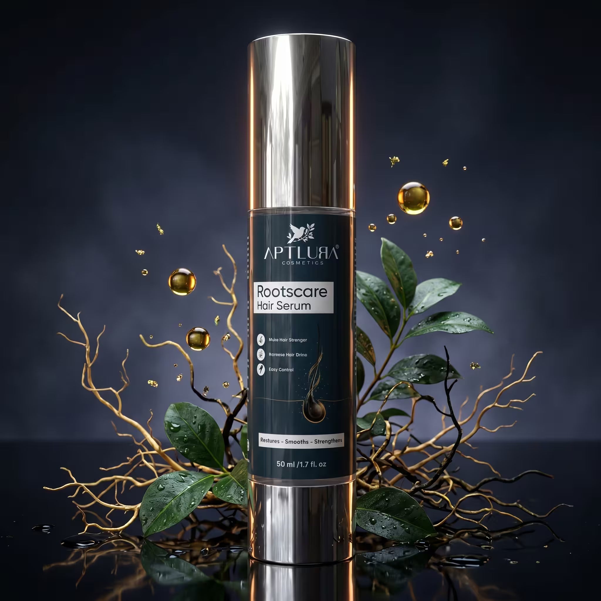 Rootscare hair serum bottle with leaves and droplets on a dark background
