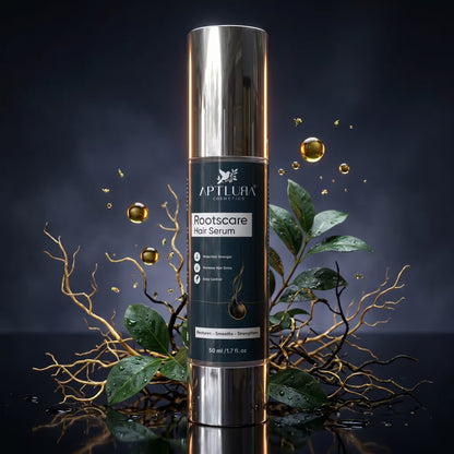 Rootscare hair serum bottle with leaves and droplets on a dark background