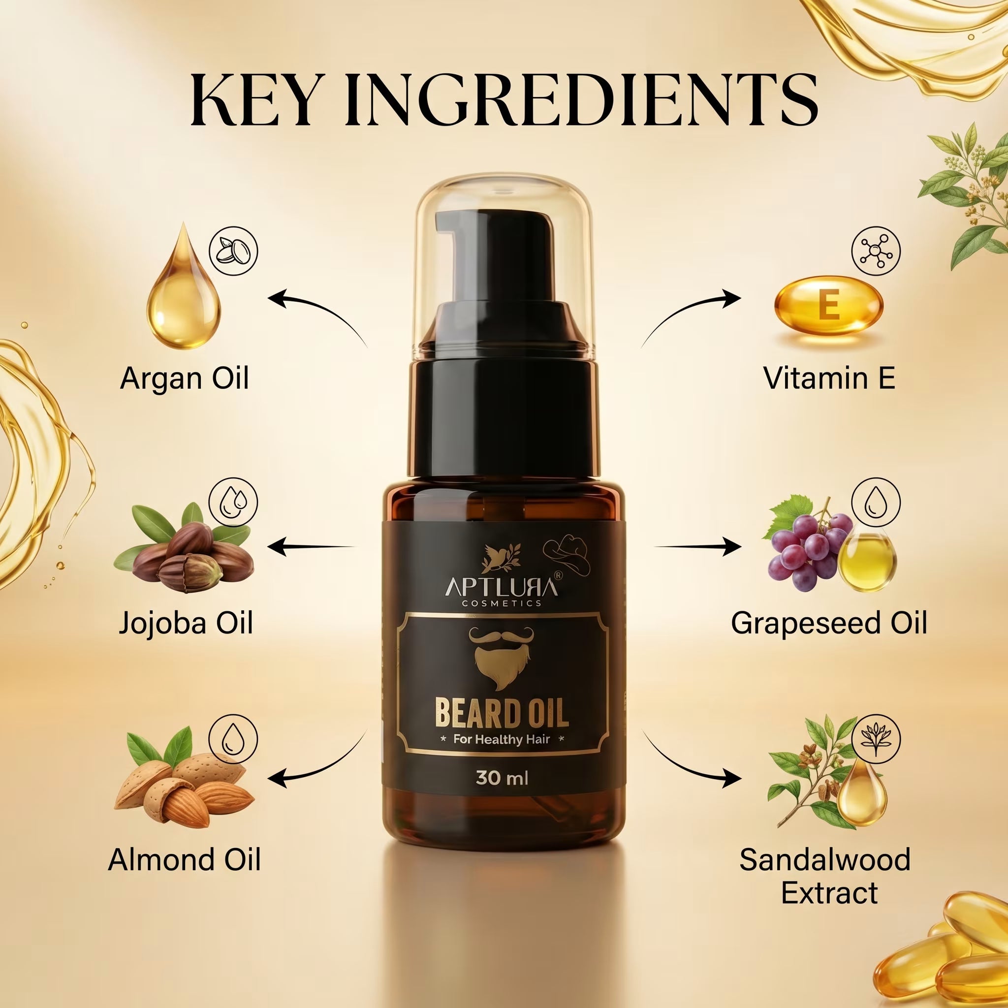 Beard oil bottle with key ingredients labeled on a beige background