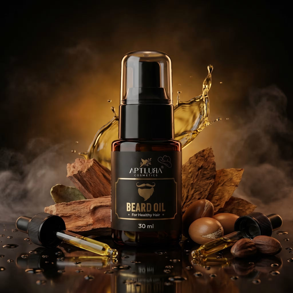 Beard oil bottle with ingredients on a dark background