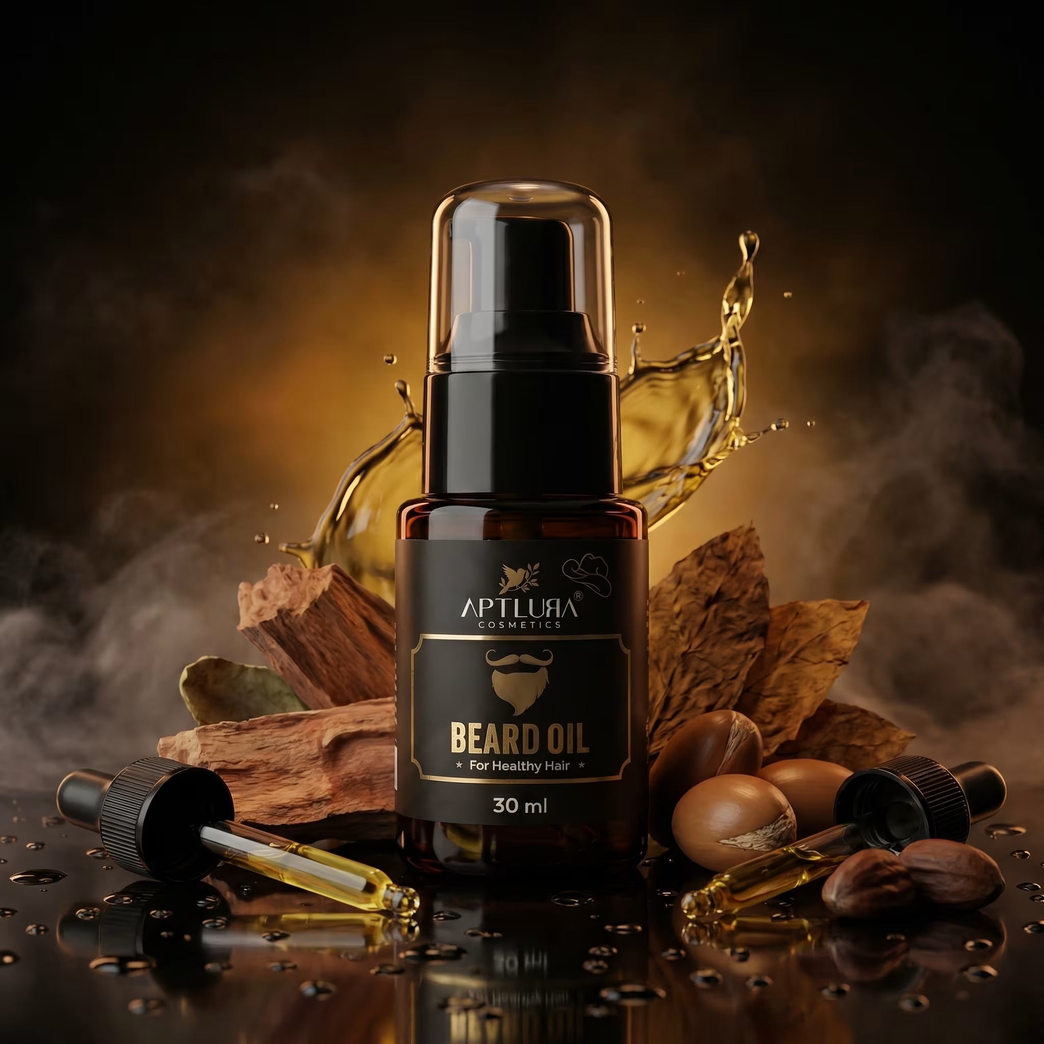 Beard oil bottle with ingredients on a dark background
