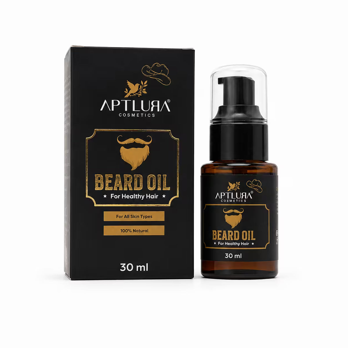 Aptlura Cosmetics Beard Oil shown with its black retail box and a 30 ml amber glass pump bottle on a clean white background.
