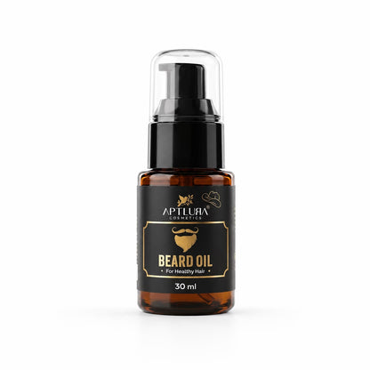 Bottle of Aptlura Cosmetics beard oil on a white background