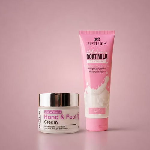 Two skincare products, a jar and a tube, on a pink background with 'Aptlura' branding.