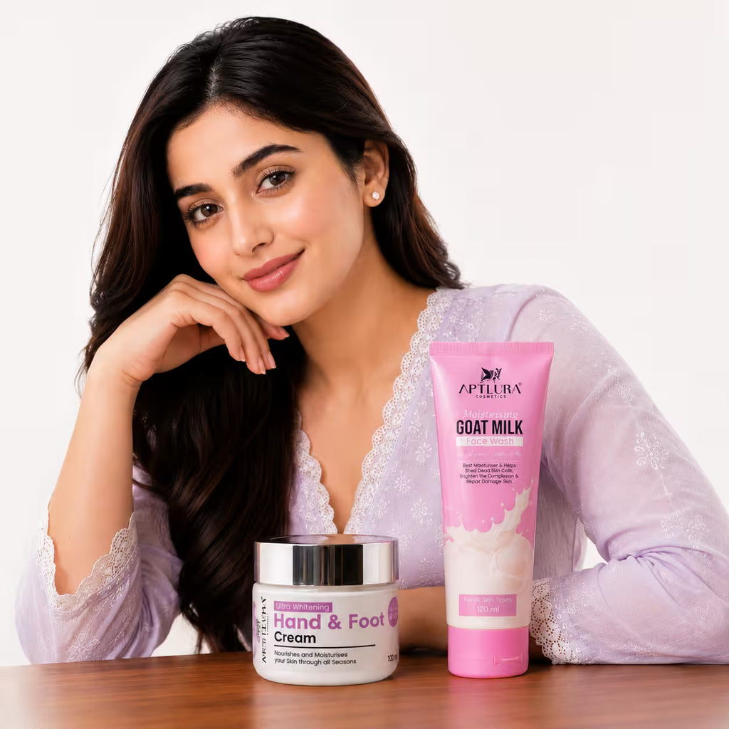 Woman with Apivita goat milk cream and hand & foot cream on a white background