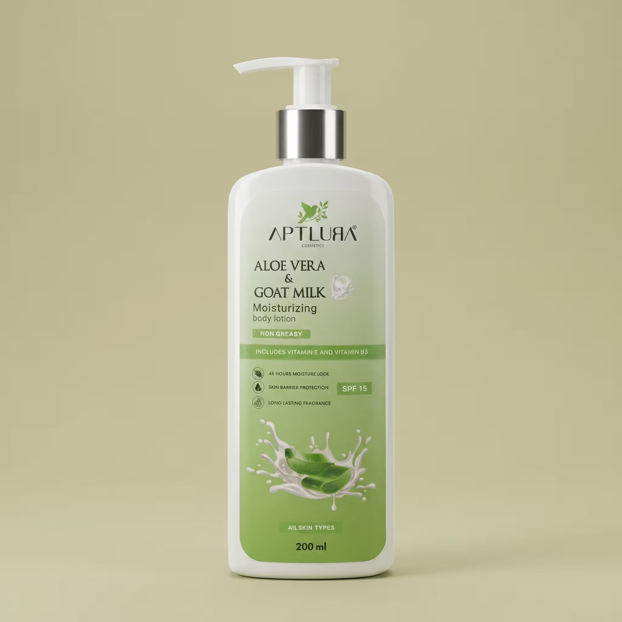 Aptlura Aloe Vera and Goat Milk moisturizing body lotion bottle on a beige background