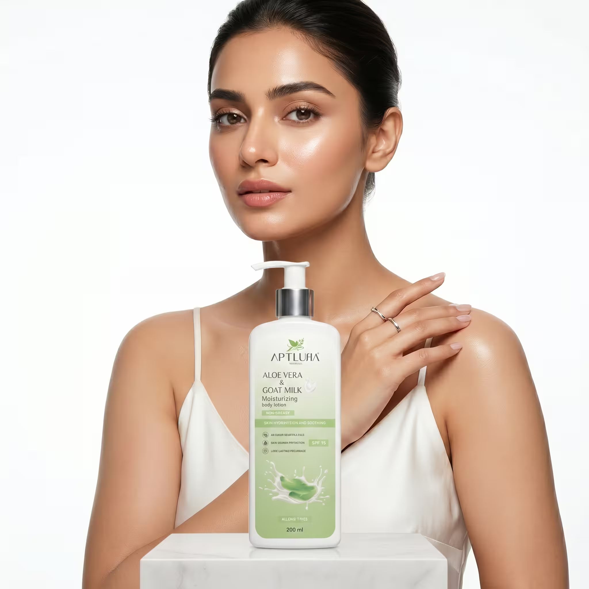 Woman holding a bottle of Aptlura Aloe Vera Goat Milk Moisturizing Lotion on a white background