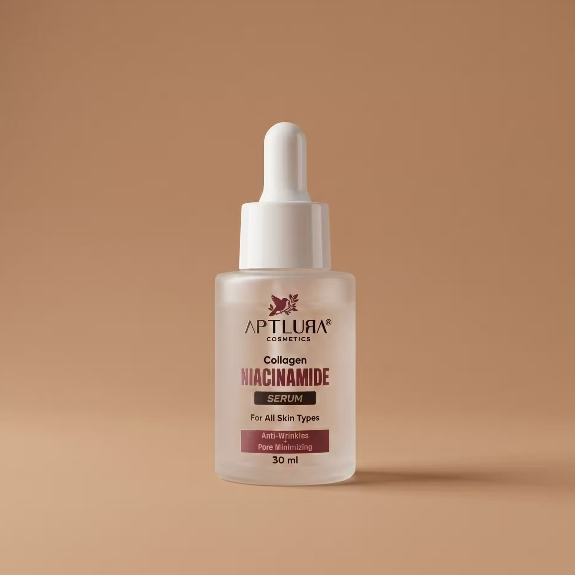 Aptlura Cosmetics Niacinamide serum bottle on a beige background