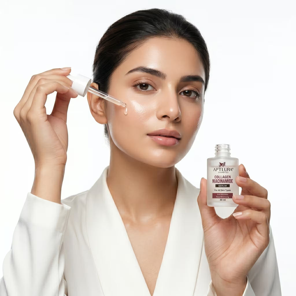 Woman applying skincare product with dropper and bottle on a white background