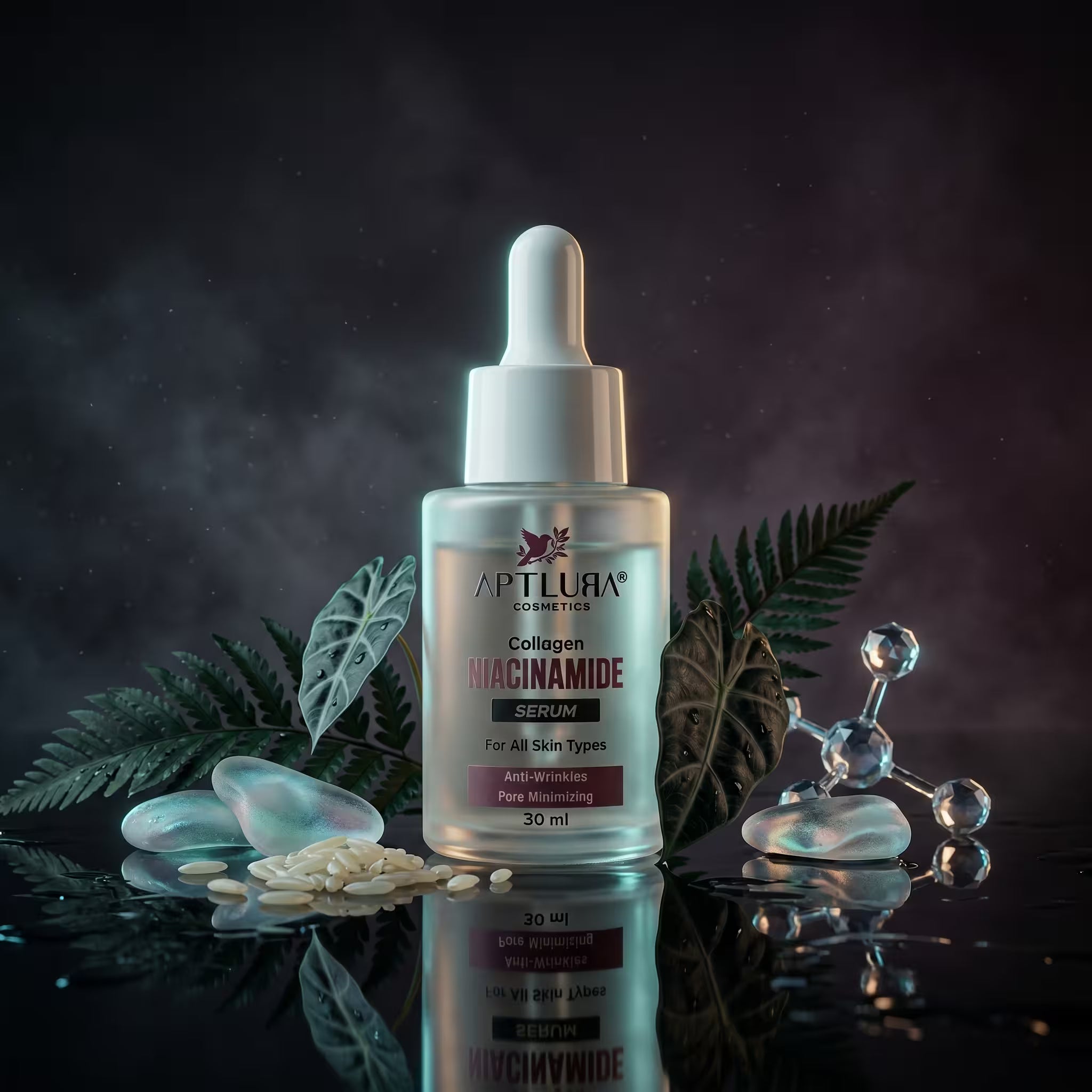 Aptura Collagen Niacinamide serum bottle with dropper on a dark background with green leaves.