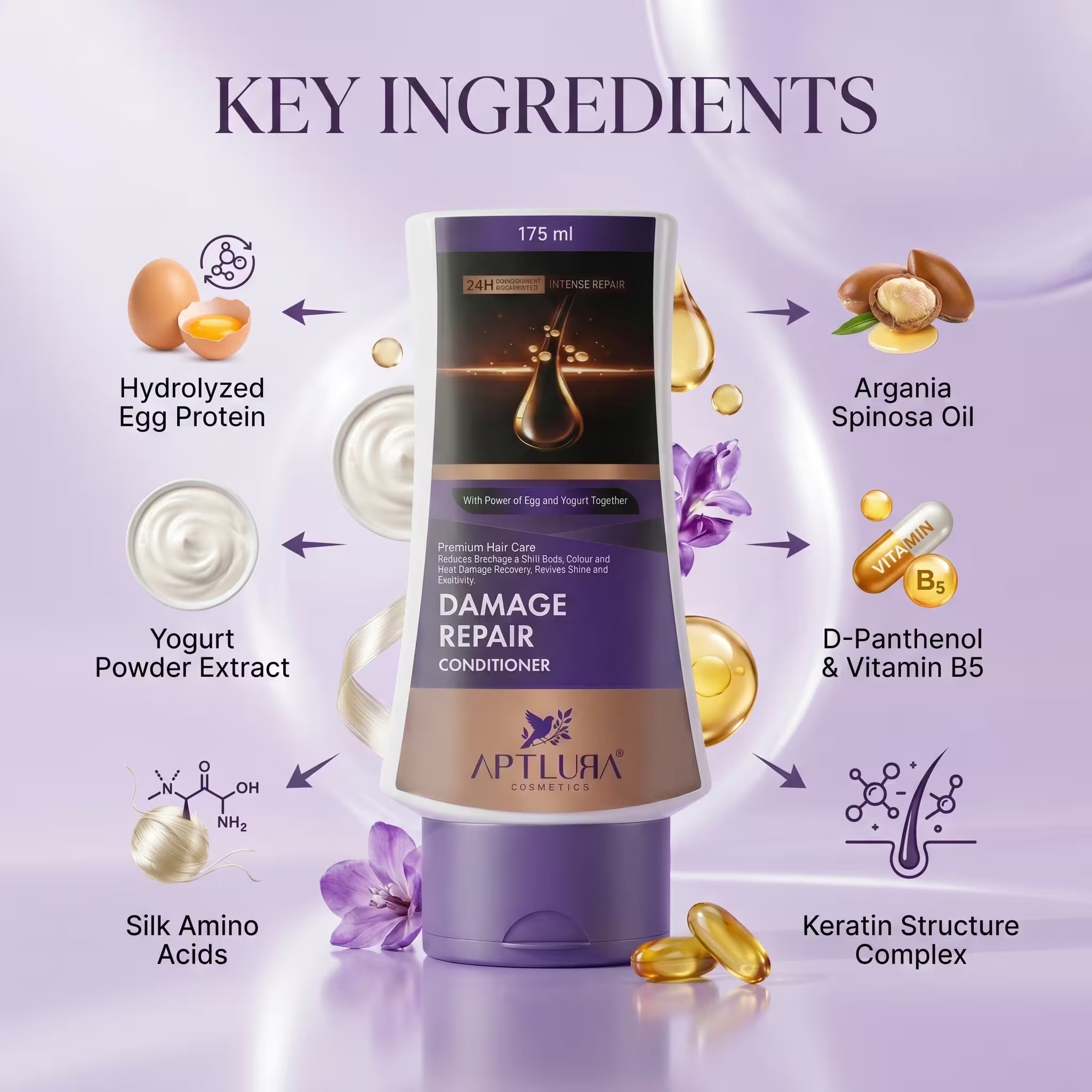 Aptlura Damage Repair Conditioner with key ingredients displayed on a purple background