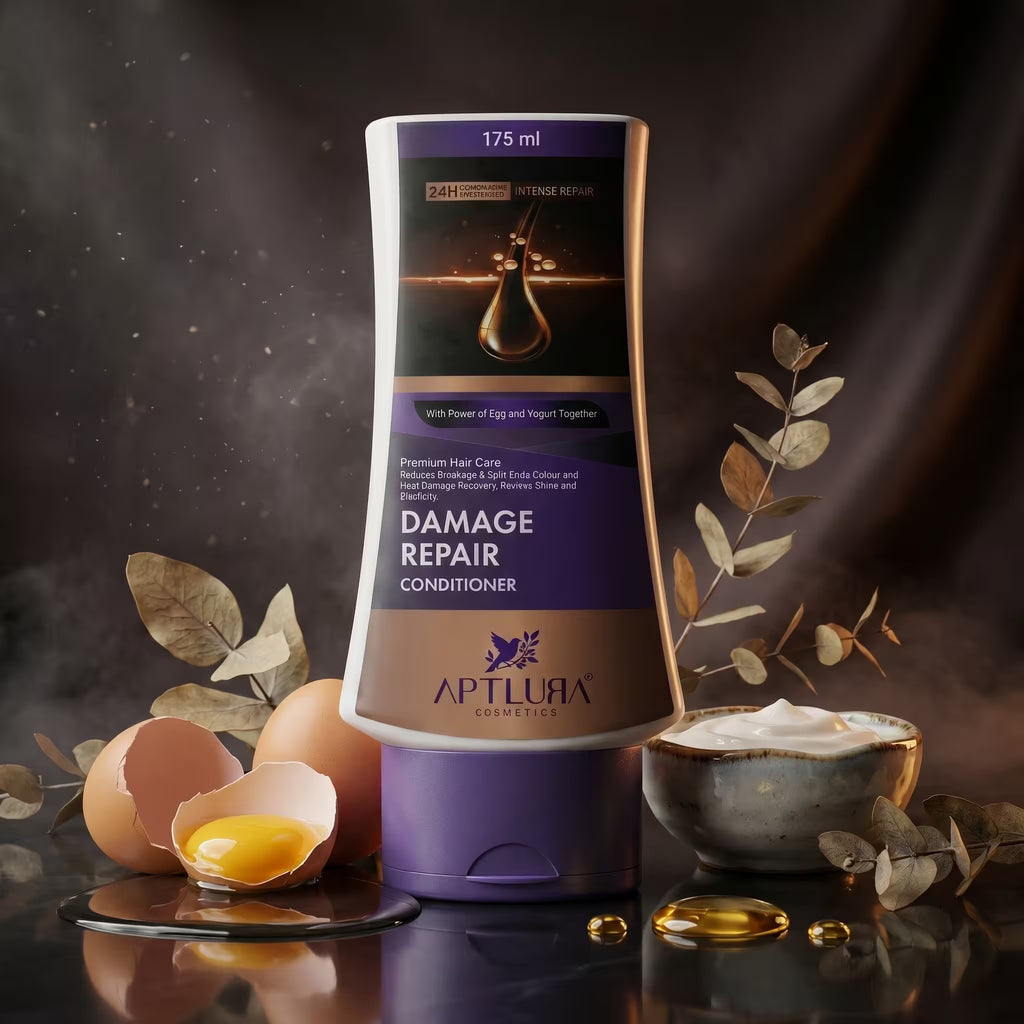 Aptlura Damage Repair Conditioner bottle with eggs and leaves on a dark background