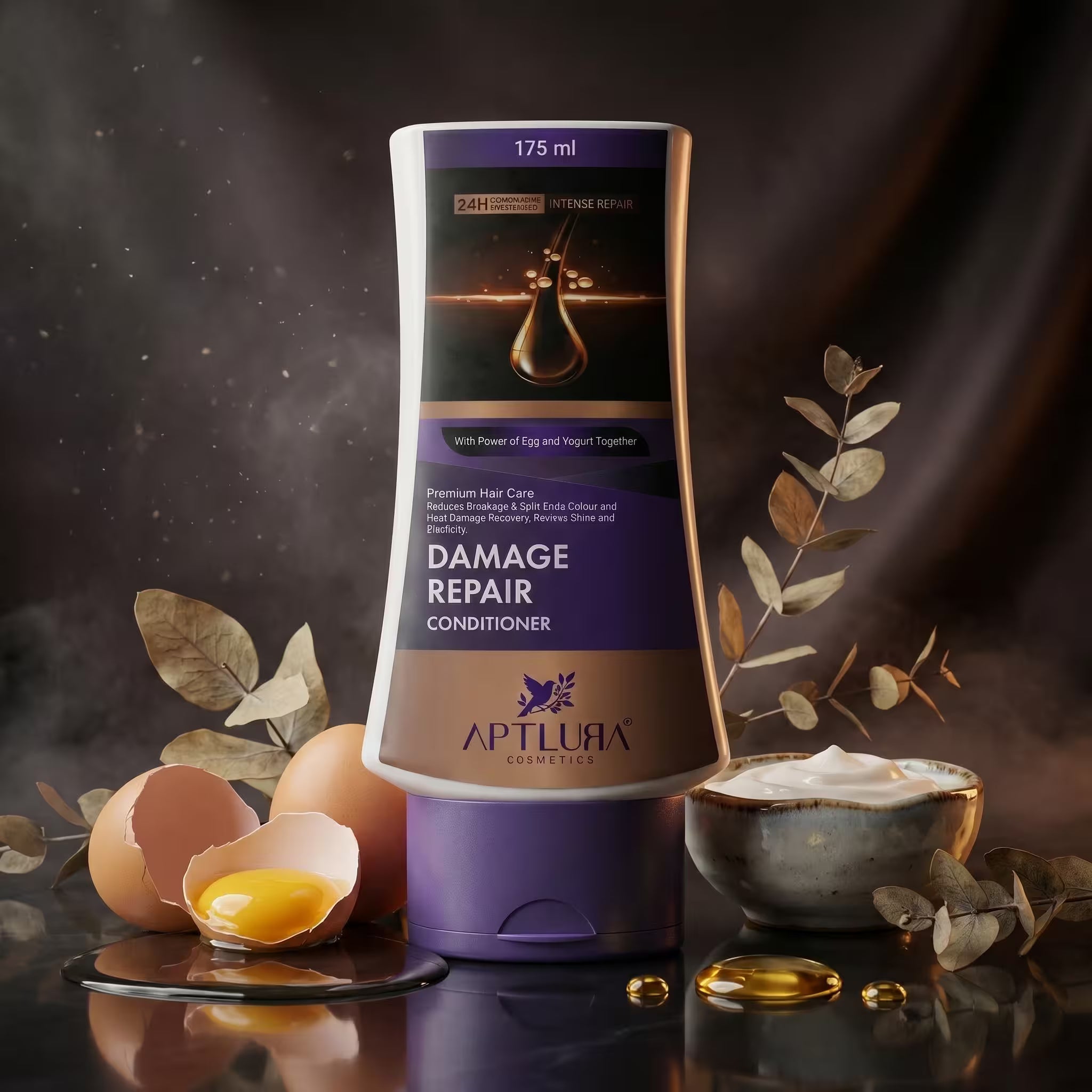 Aptlura Damage Repair Conditioner bottle with eggs and leaves on a dark background