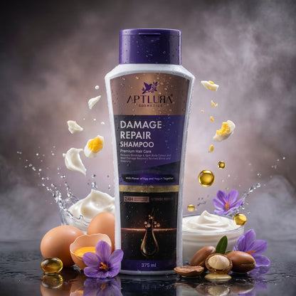 Aptlura Damage Repair Shampoo bottle with ingredients on a dark background