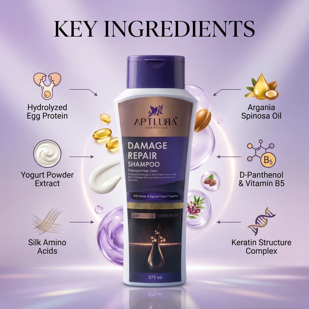 Aptlura Damage Repair Shampoo bottle with key ingredients displayed on a purple background