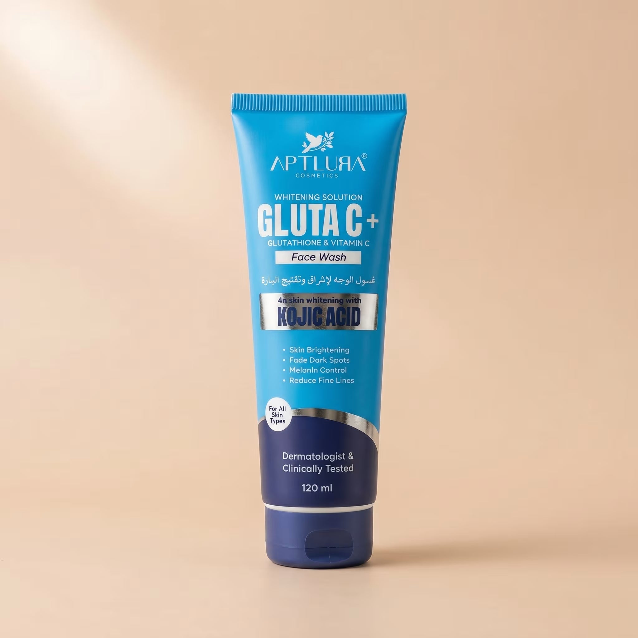 Blue tube of Aptlura Gluta C+ Face Wash on a beige background
