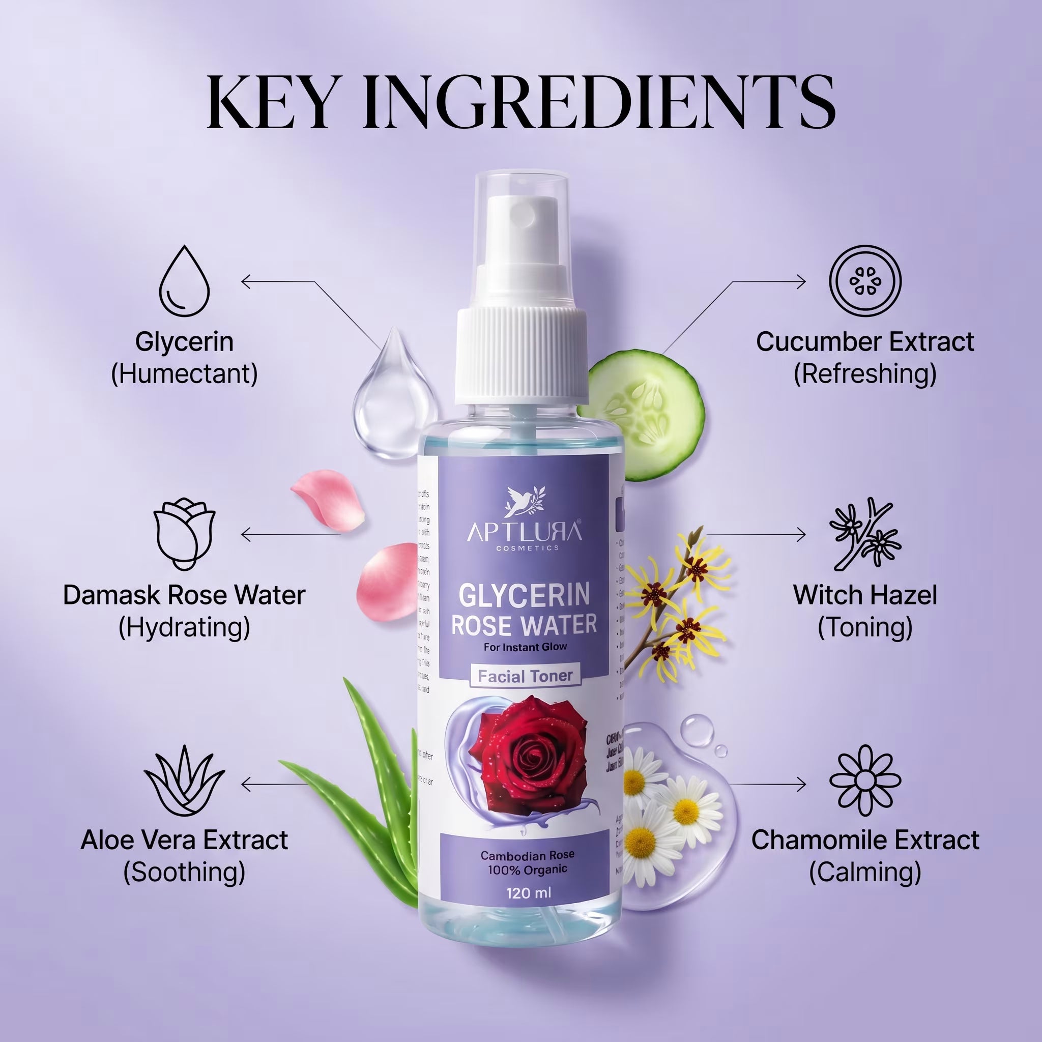 Aptlura Glycerin Rose Water facial toner with key ingredients labeled on a purple background
