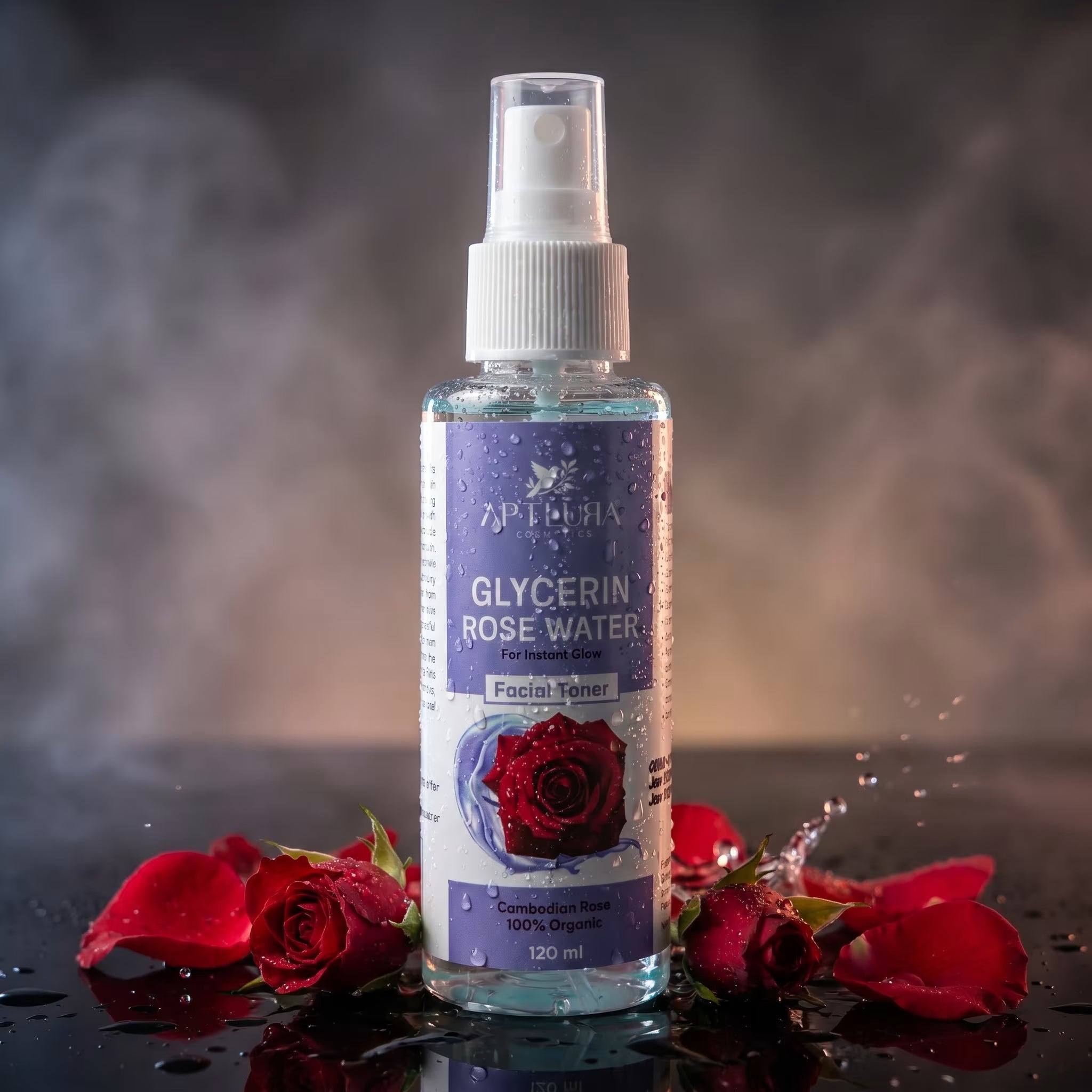 Bottle of glycerin rose water facial toner with red roses on a dark background