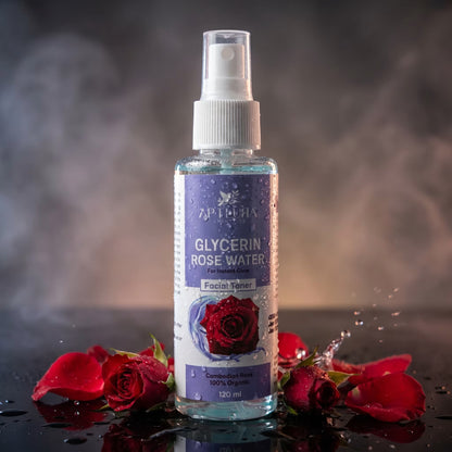 Bottle of glycerin rose water facial toner with red roses on a dark background
