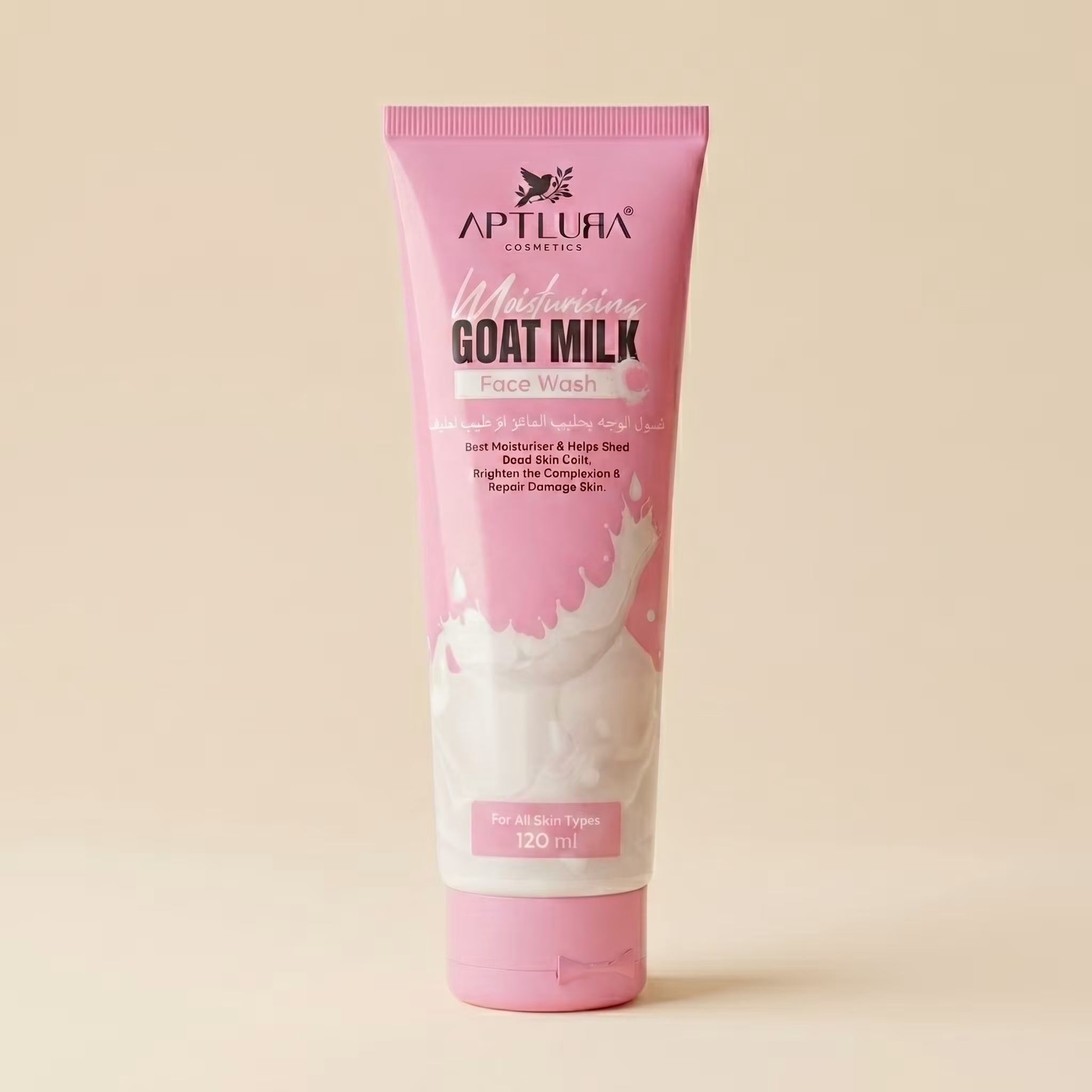 Pink tube of Aptlura Goat Milk Face Wash on a beige background