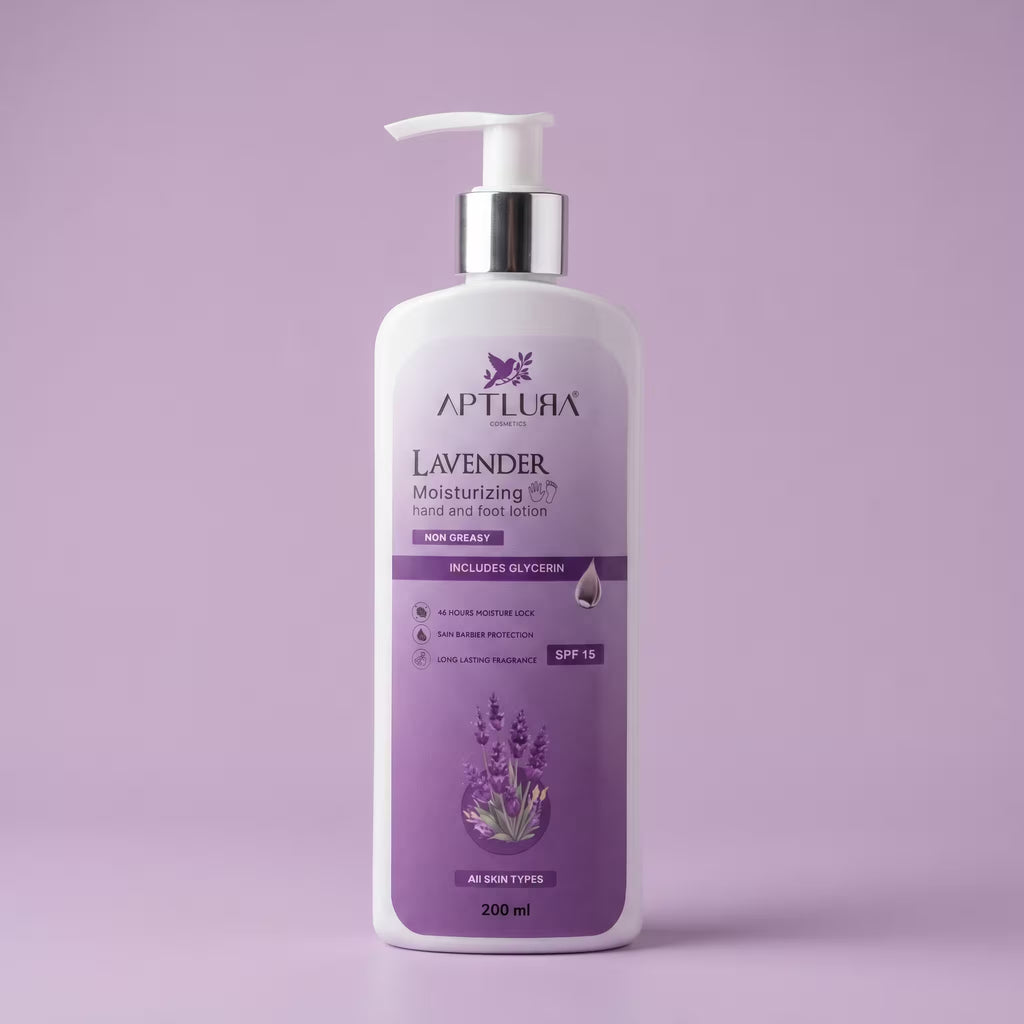 Lavender moisturizing hand and foot lotion bottle on a purple background