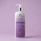Lavender moisturizing hand and foot lotion bottle on a purple background