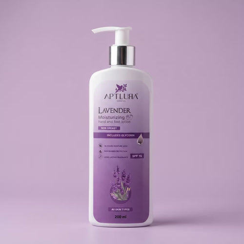 Lavender moisturizing hand and foot lotion bottle on a purple background