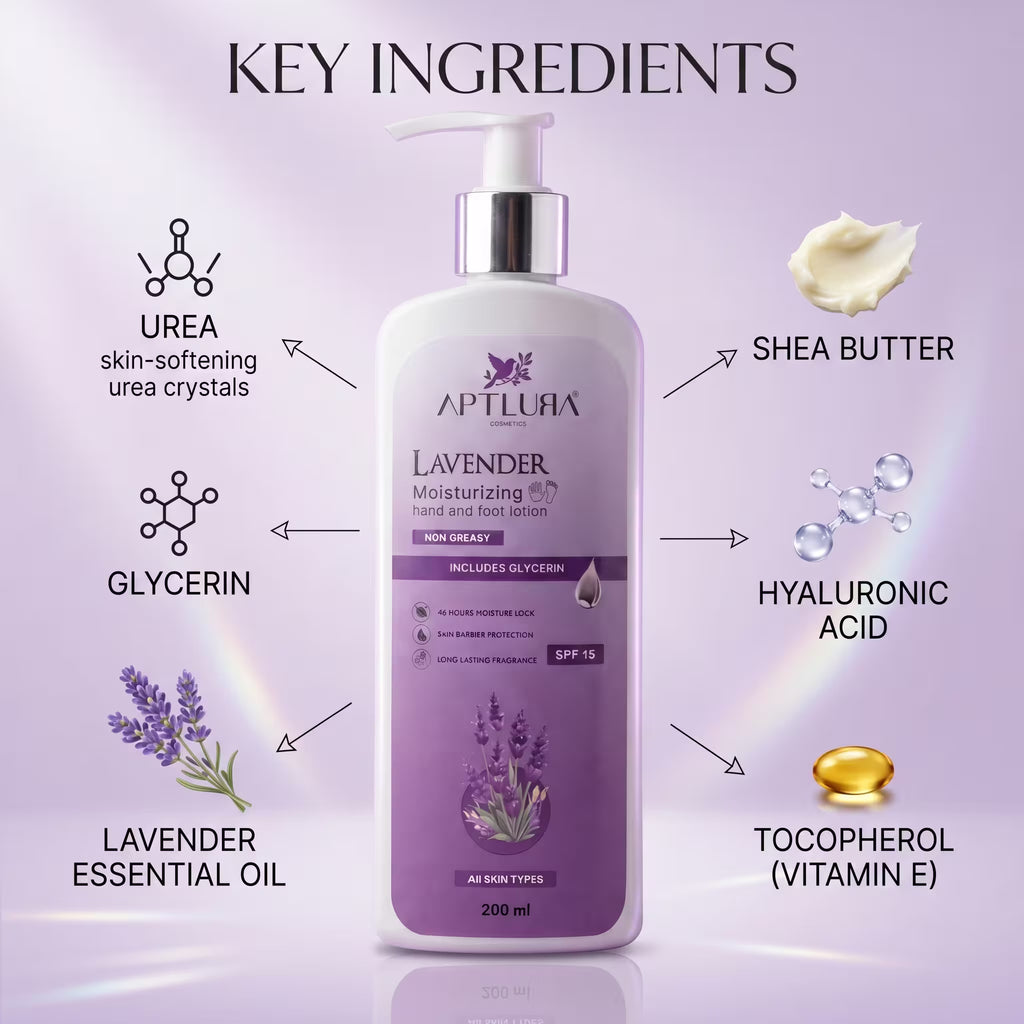 Aptlua Lavender Moisturizing Hand and Foot Lotion with key ingredients displayed on a purple background