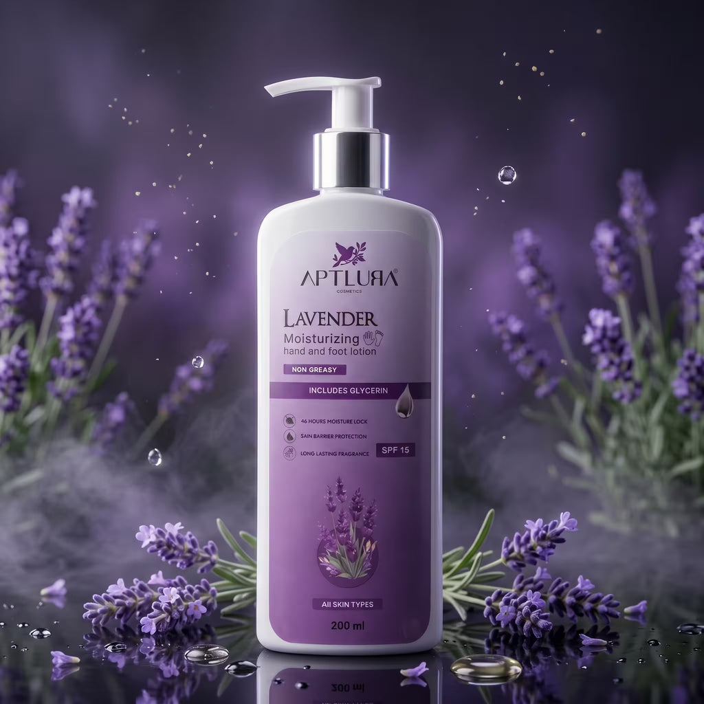 Lavender moisturizing hand and foot lotion bottle with lavender flowers in the background