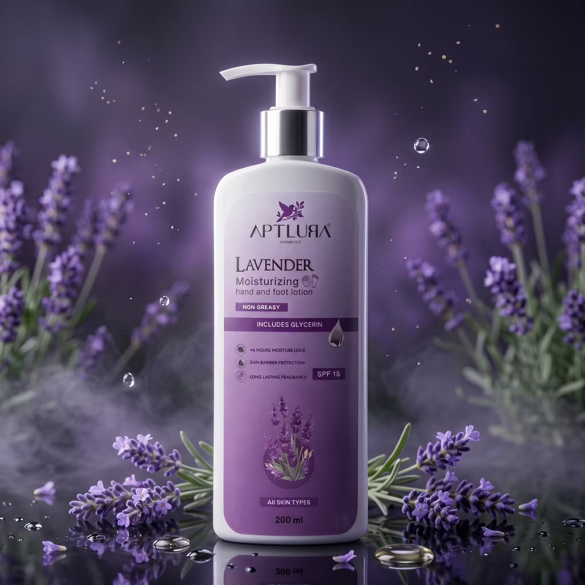 Lavender moisturizing hand and foot lotion bottle with lavender flowers in the background