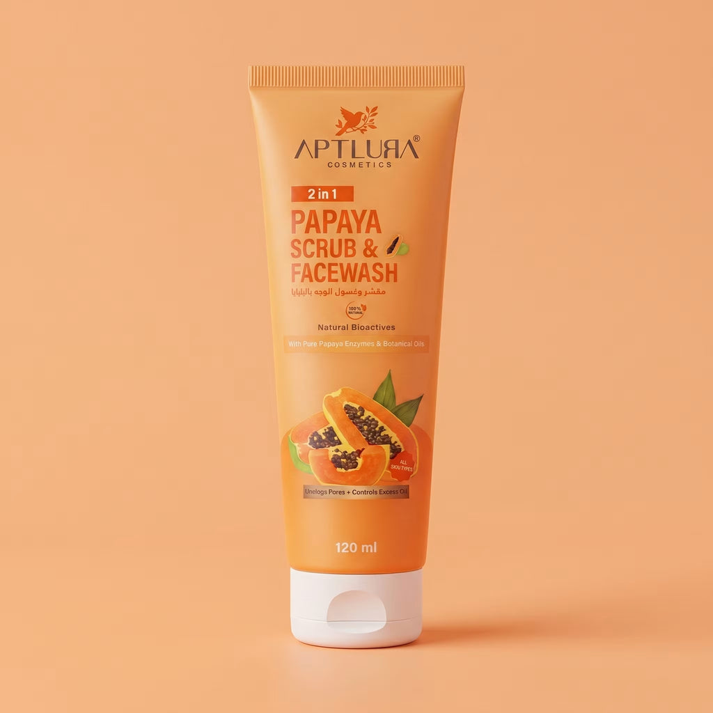 Tube of Aptlura Papaya Scrub & Facewash on an orange background