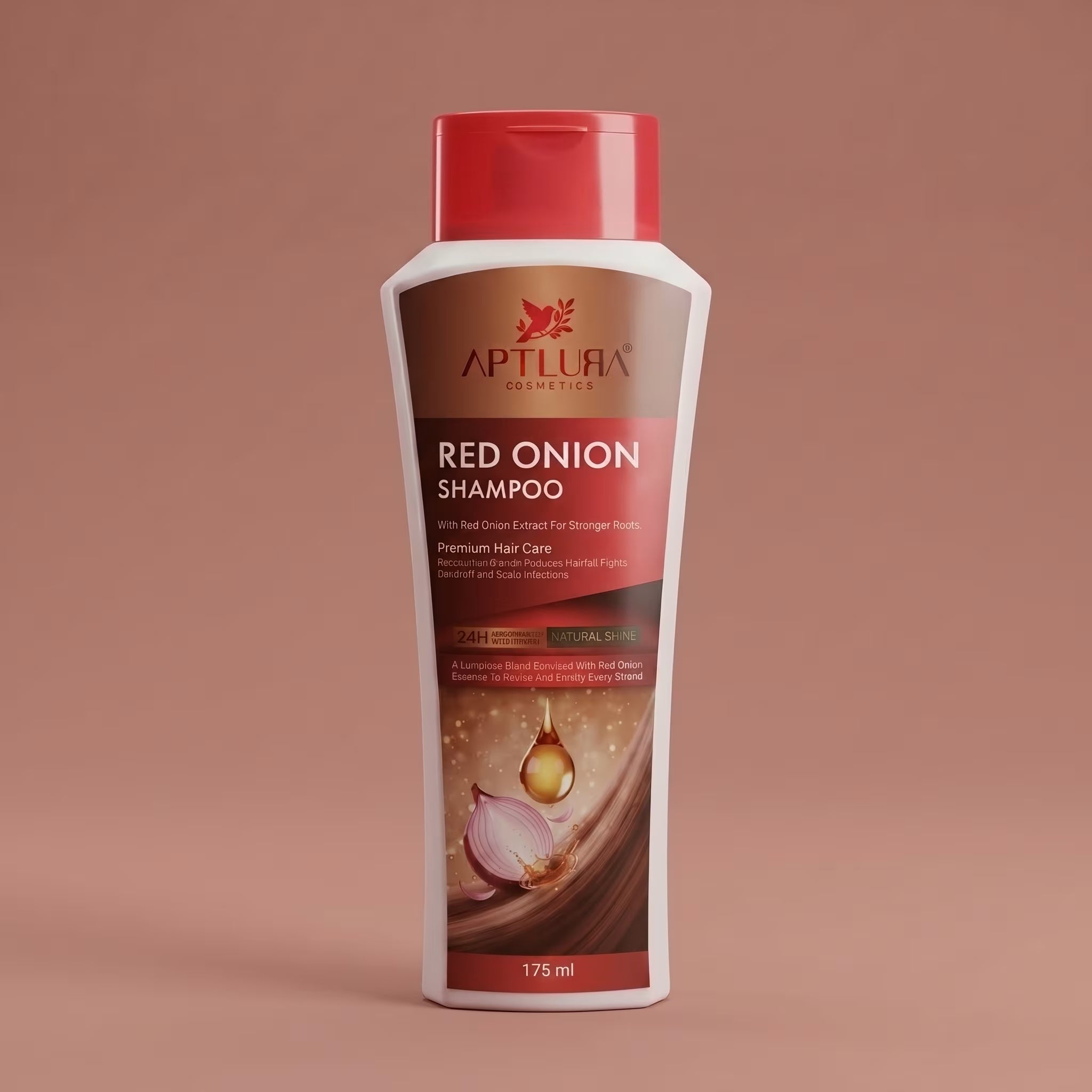 Aptlura Red Onion Shampoo bottle on a brown background