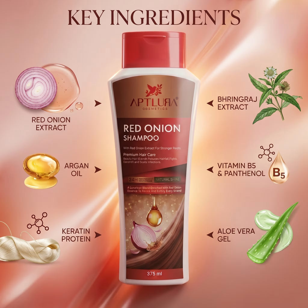Aptlura Red Onion Shampoo bottle with key ingredients displayed on a pink background