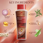 Aptlura Red Onion Shampoo bottle with key ingredients displayed on a pink background
