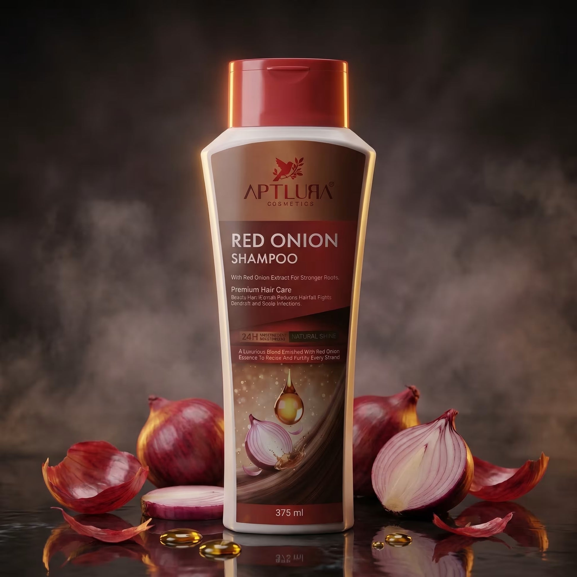 Aptlura Red Onion Shampoo bottle with red onions on a dark background
