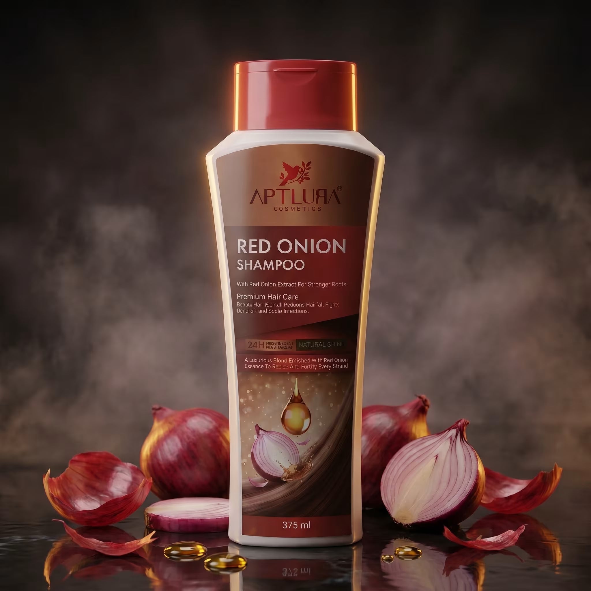 Aptlura Red Onion Shampoo bottle with red onions on a dark background