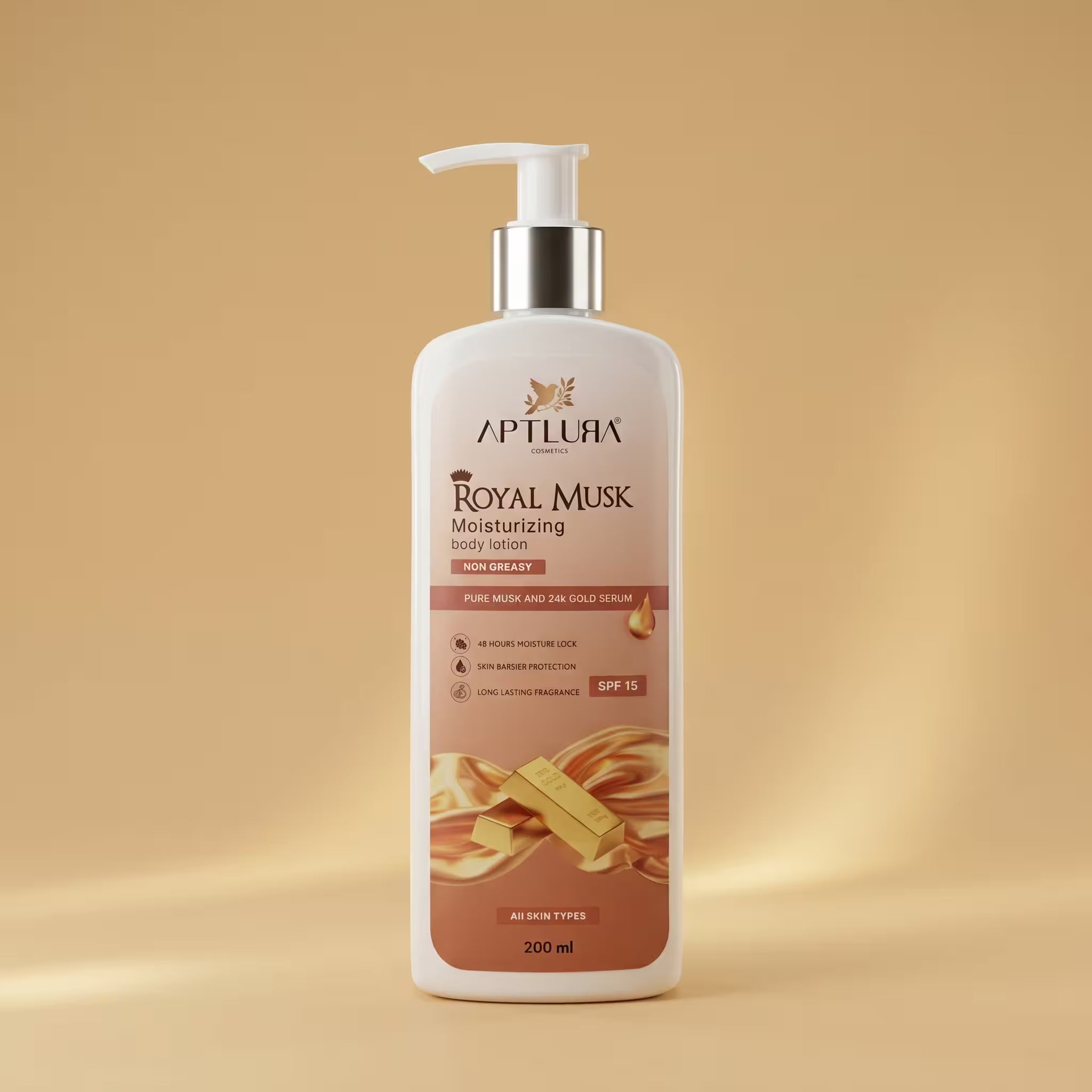 Aptlura Royal Musk moisturizing body lotion on a beige background