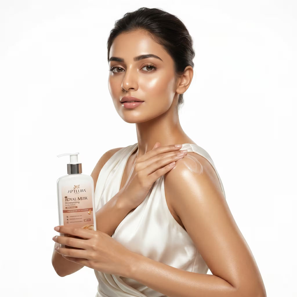 Woman holding a bottle of APTLURA Royal Nectar product on a white background