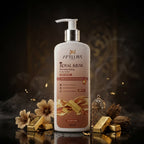 Aptlura Royal Musk moisturizing body lotion with gold elements on a dark background