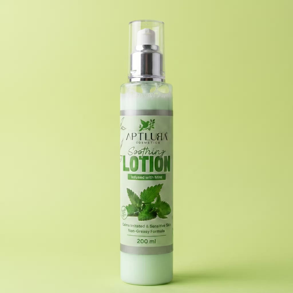 Aptlura Soothing Lotion bottle on a light green background