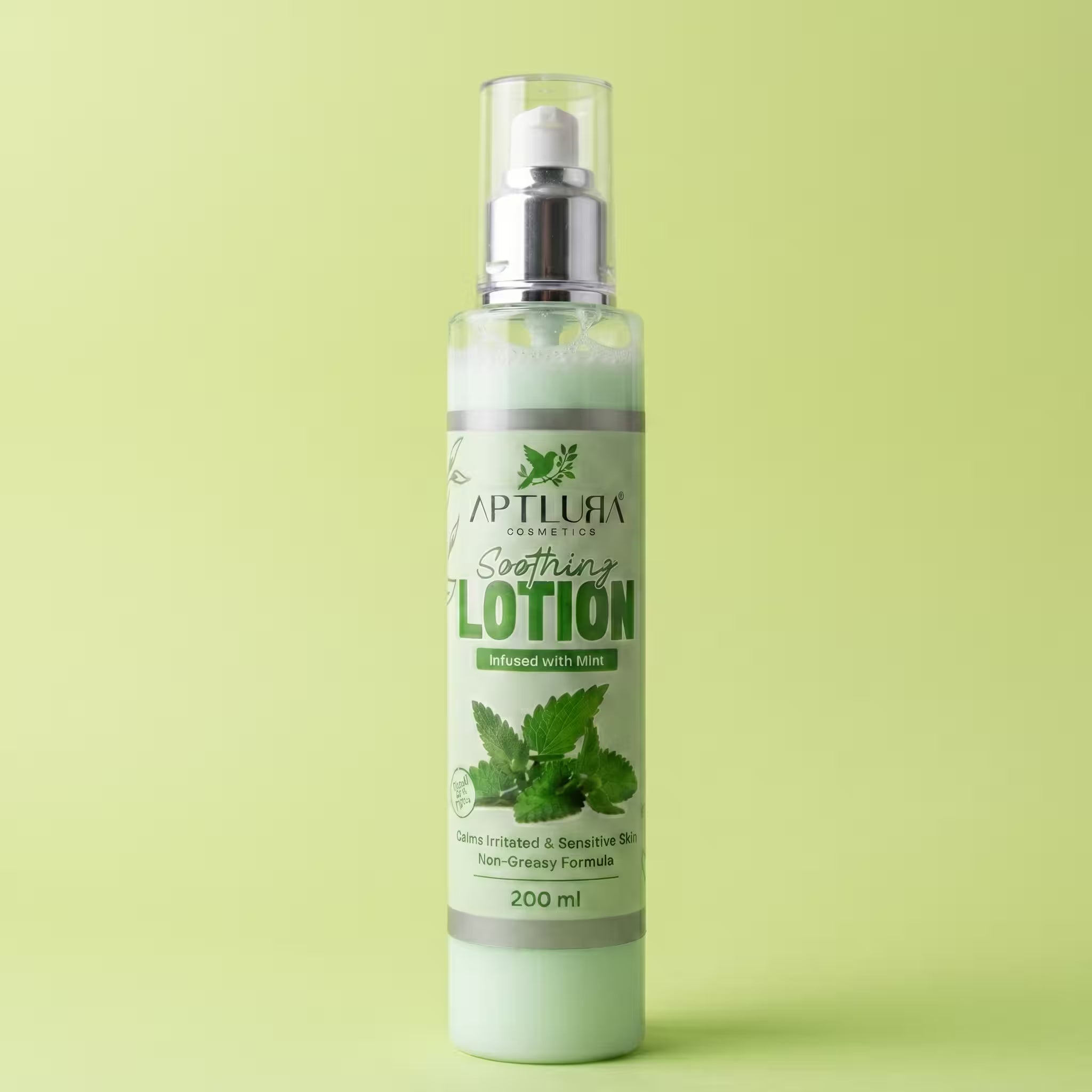 Aptlura Soothing Lotion bottle on a light green background