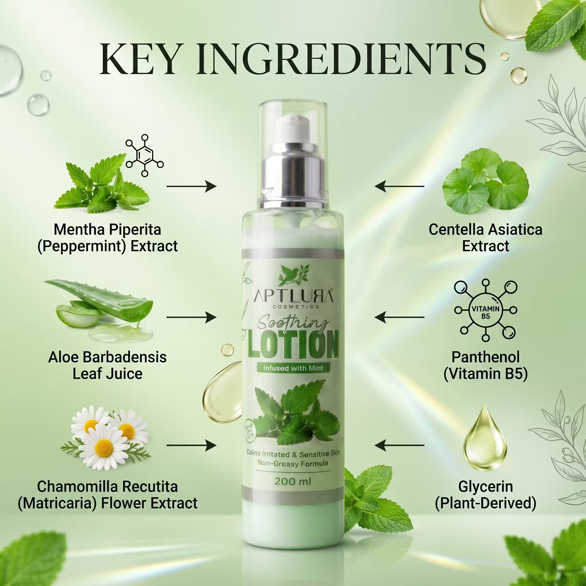 Aptlura Soothing Lotion with key ingredients displayed on a green background