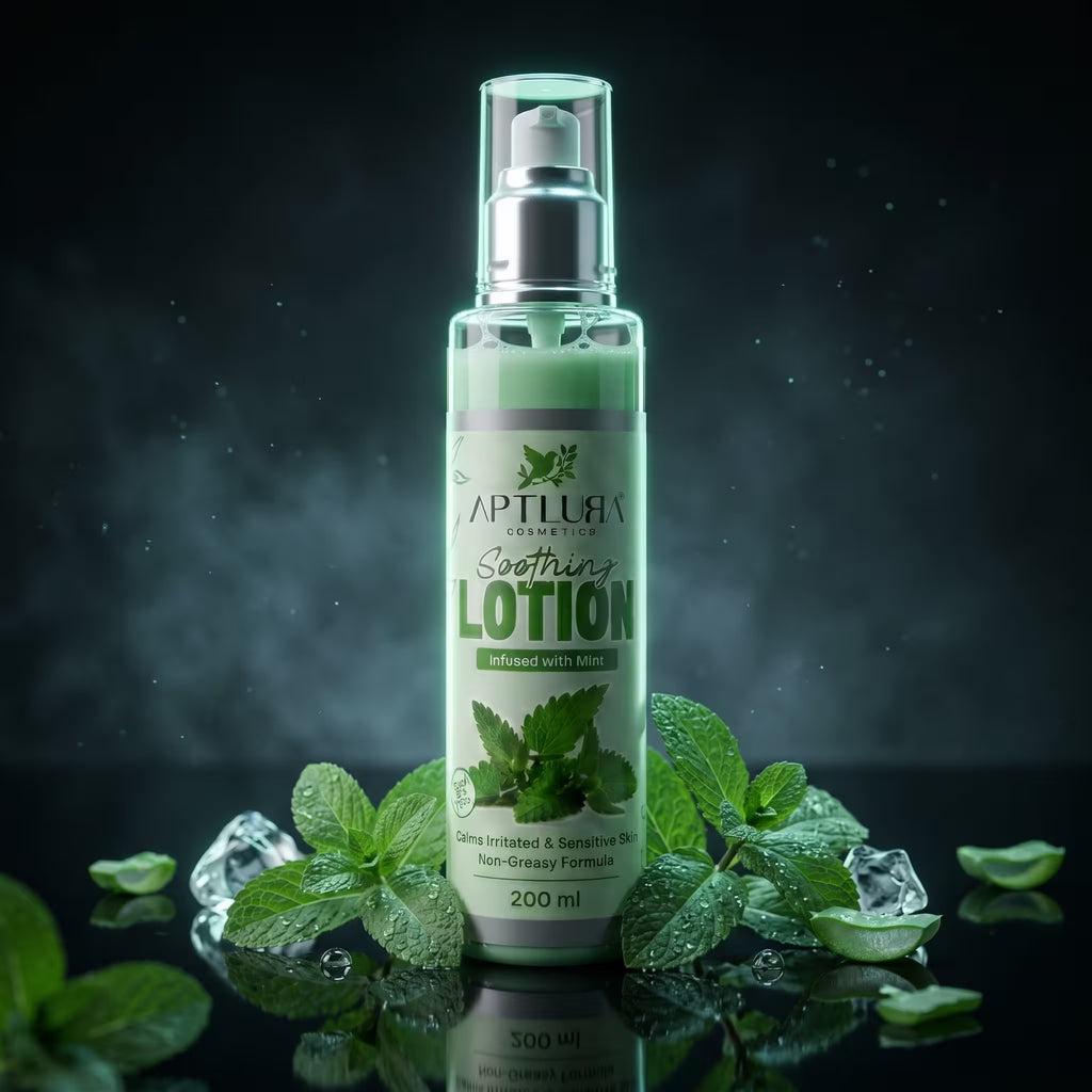 Bottle of Aptlura Soothing Lotion with green leaves and ice cubes on a dark background
