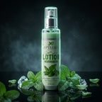 Bottle of Aptlura Soothing Lotion with green leaves and ice cubes on a dark background