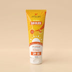 Sun block tube with yellow and white packaging on a beige background