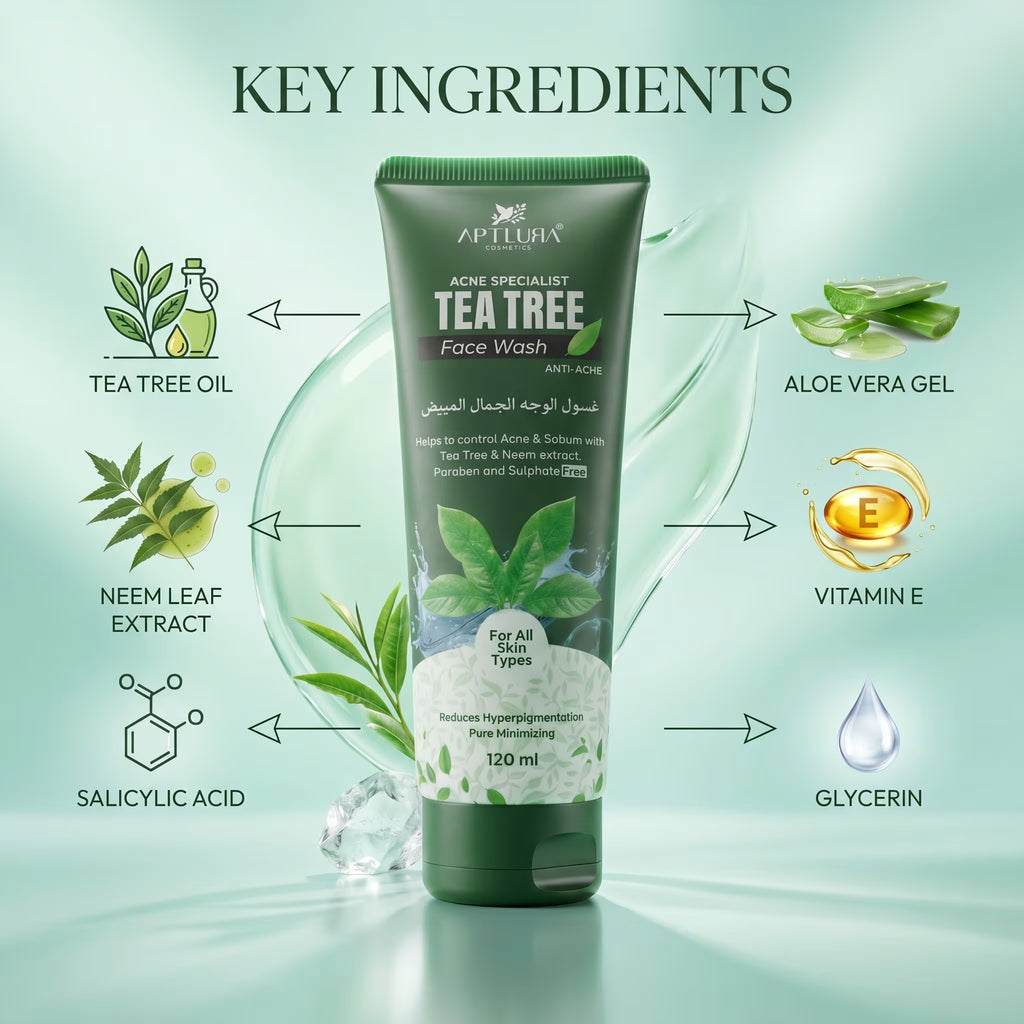 Tea Tree Face Wash with key ingredients displayed on a light green background