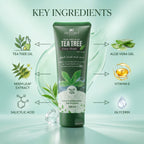 Tea Tree Face Wash with key ingredients displayed on a light green background