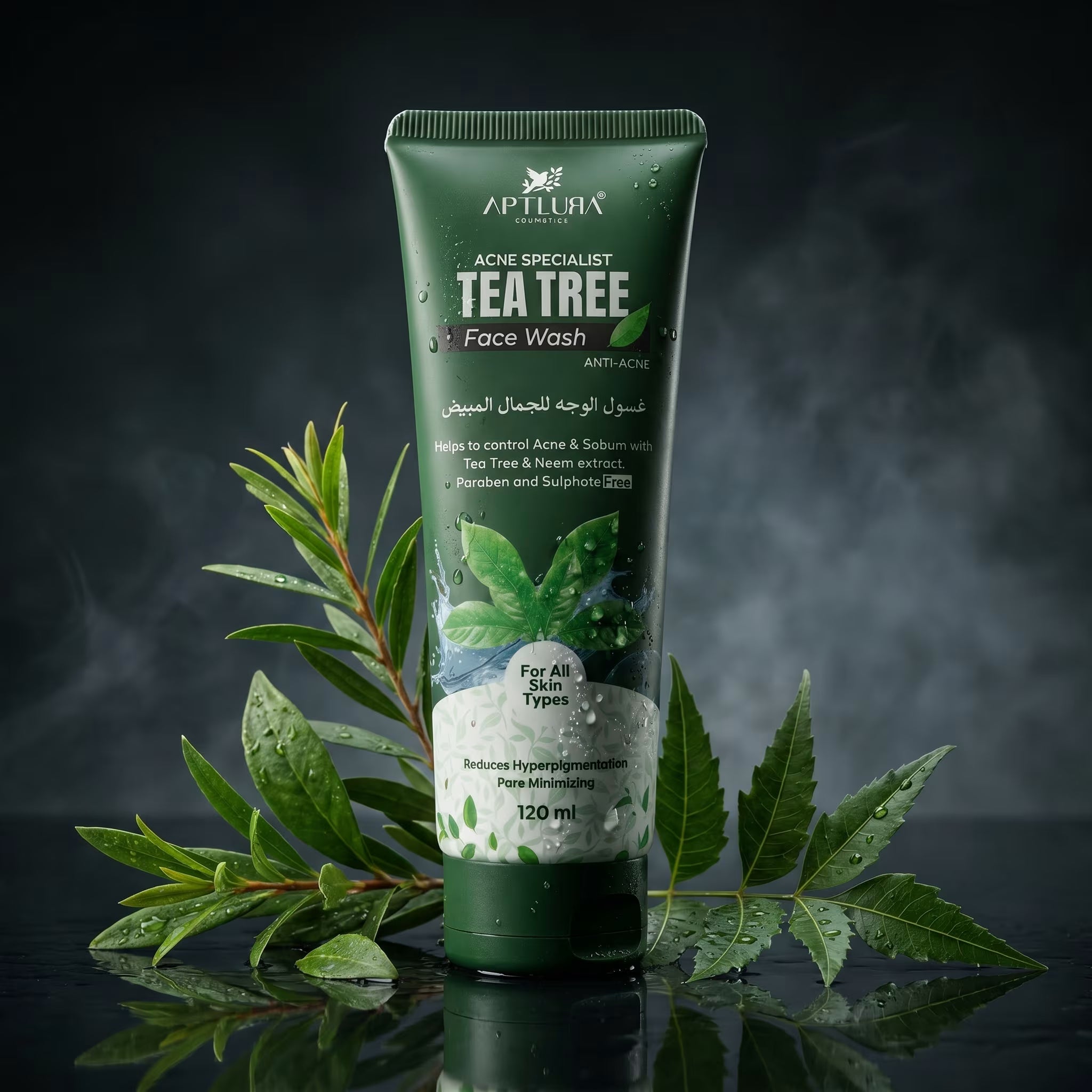 Tube of Aptlura Tea Tree Face Wash with green leaves on a dark background