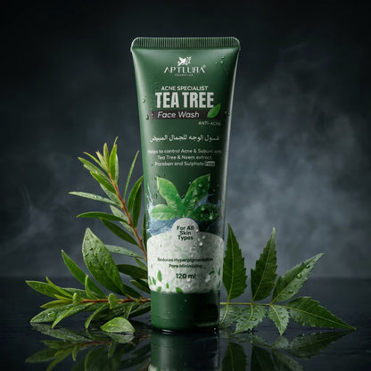 Tube of Aptlura Tea Tree Face Wash with green leaves on a dark background